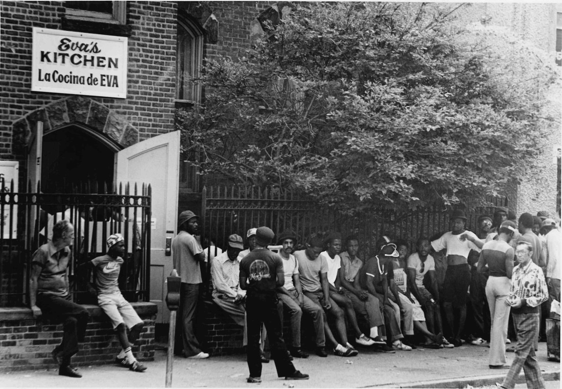 People lining up for a hot meal at Eva's Kitchen, 1982, in Paterson.